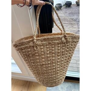 handwoven raffia basket large market bag round and braided handle 17"x14"x11"